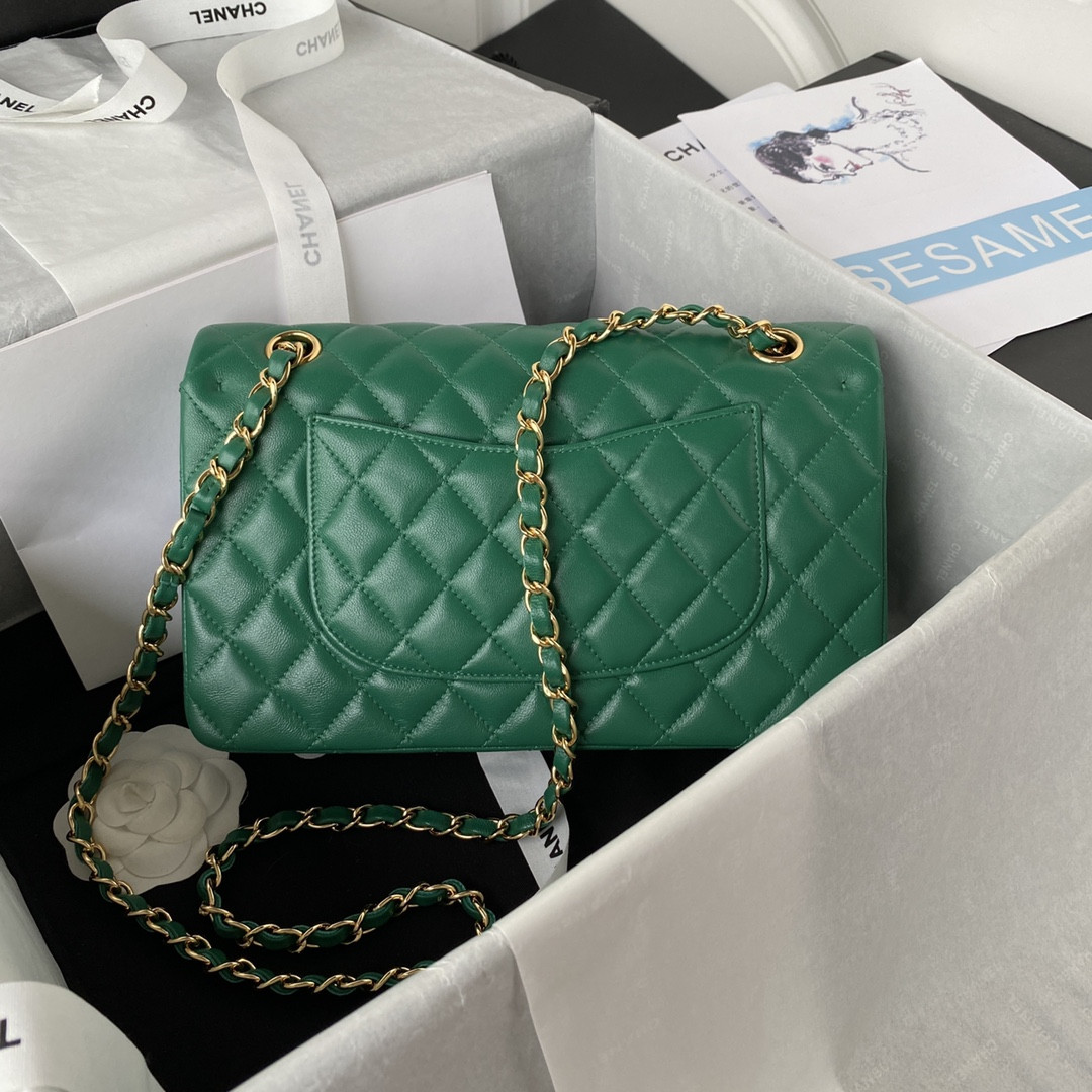 CHANEL CLASSIC HANDBAG GRAINED SHINY CALFSKIN & GOLD-TONE METAL GREEN 6 × 9.9 × 2.5 in