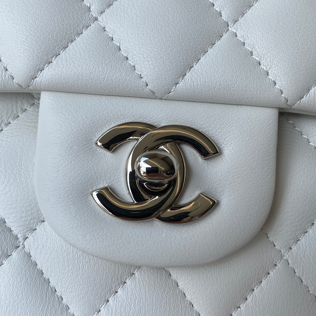 CHANEL CLASSIC HANDBAG GRAINED SHINY CALFSKIN & SILVER-TONE METAL WHITE 6 × 9.9 × 2.5 in