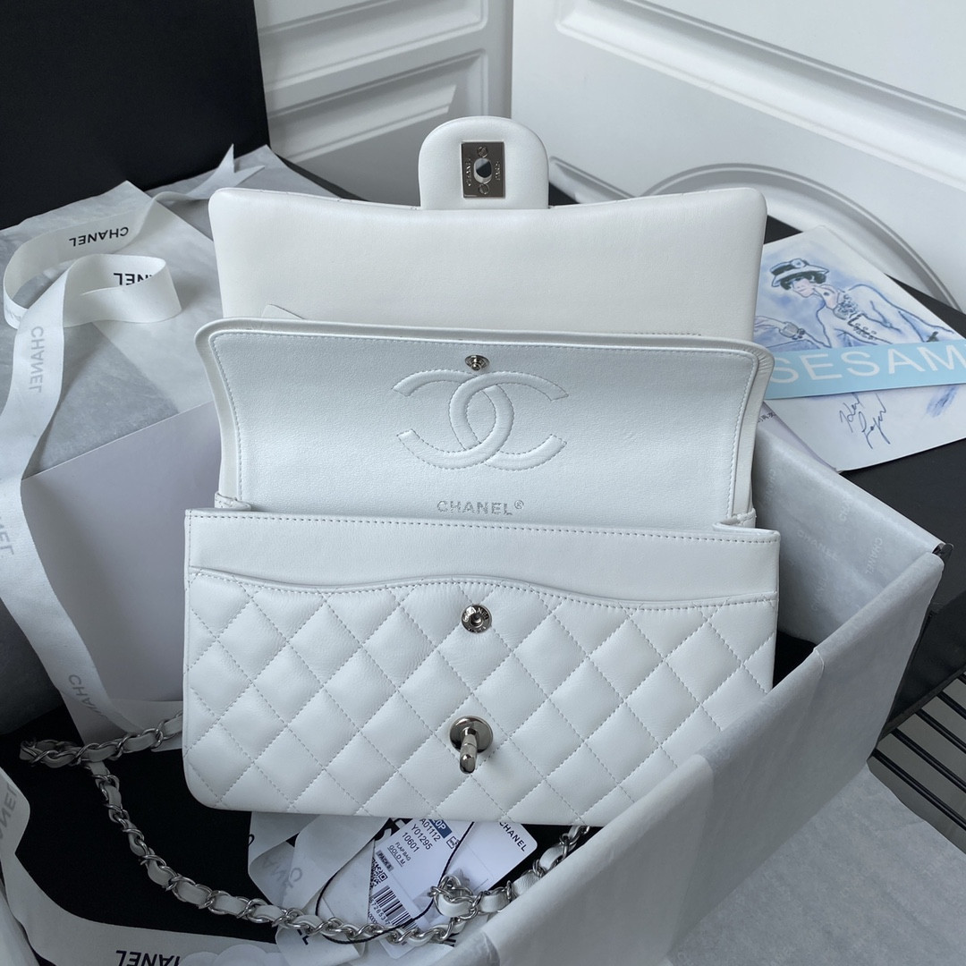 CHANEL CLASSIC HANDBAG GRAINED SHINY CALFSKIN & SILVER-TONE METAL WHITE 6 × 9.9 × 2.5 in