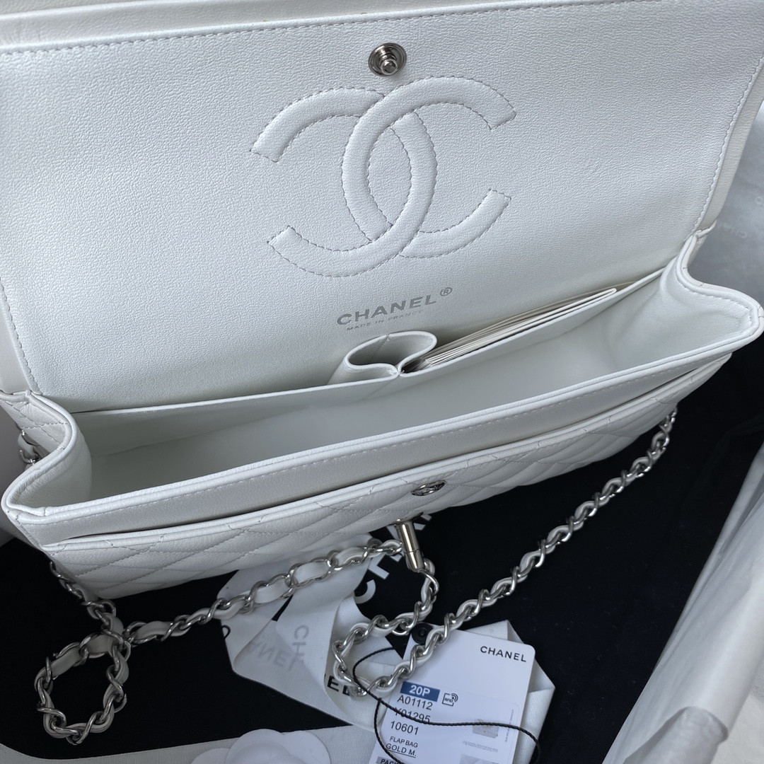 CHANEL CLASSIC HANDBAG GRAINED SHINY CALFSKIN & SILVER-TONE METAL WHITE 6 × 9.9 × 2.5 in