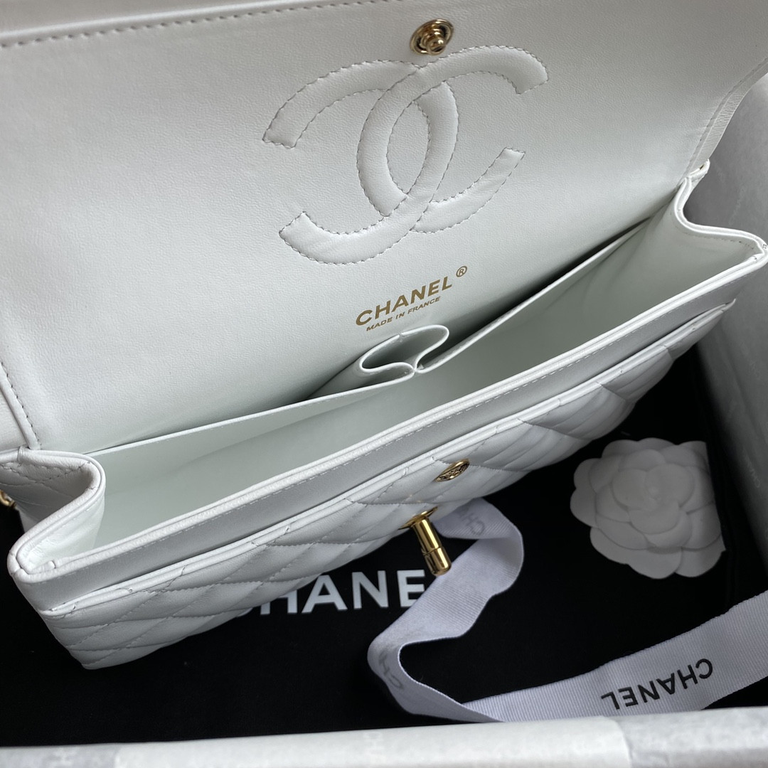 CHANEL CLASSIC HANDBAG GRAINED SHINY CALFSKIN & GOLD-TONE METAL WHITE 6 × 9.9 × 2.5 in