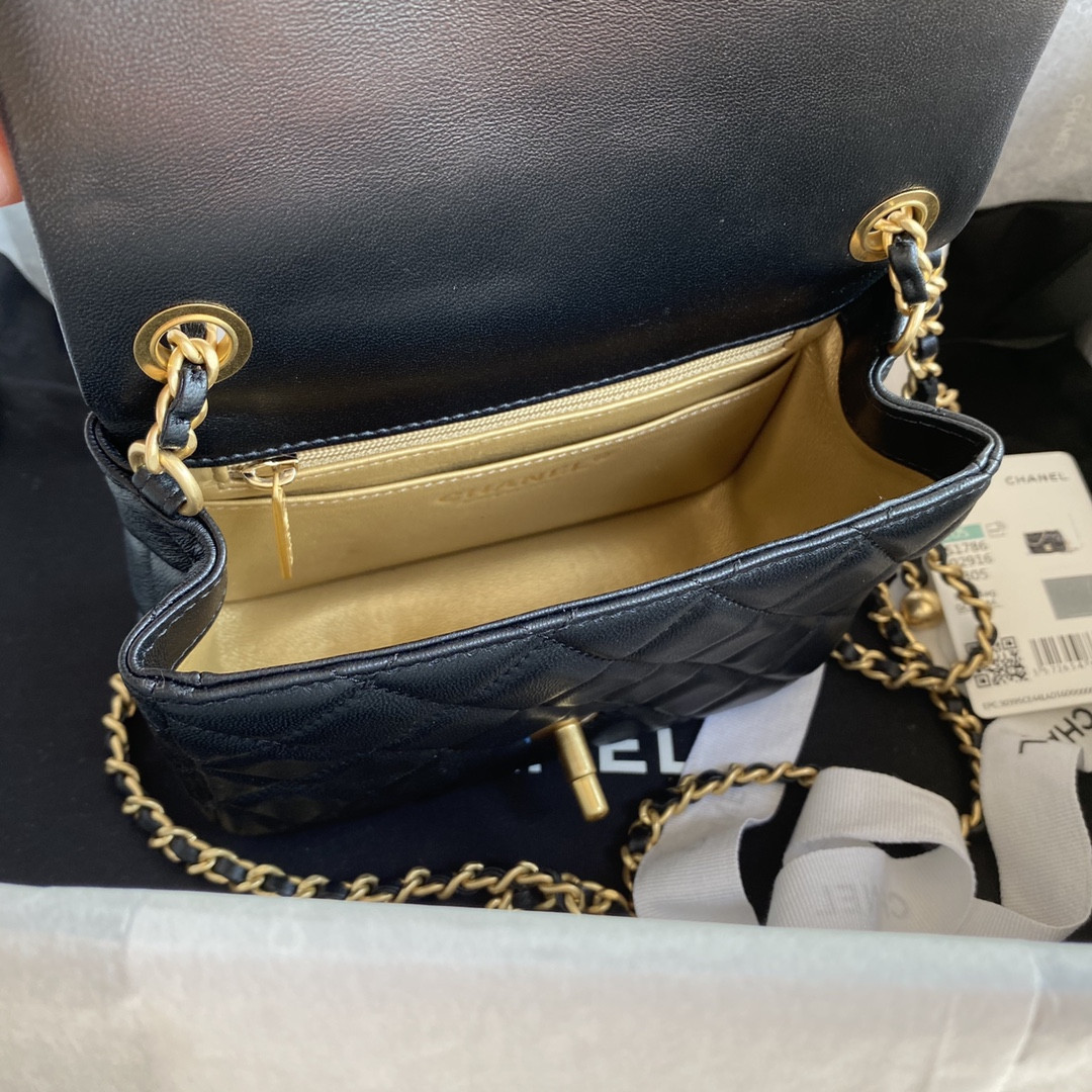 CHANEL MINI FLAP BAG SHINY CALFSKIN & Gold-Tone METAL BLACK 5.3 × 6.6 × 3.1 in