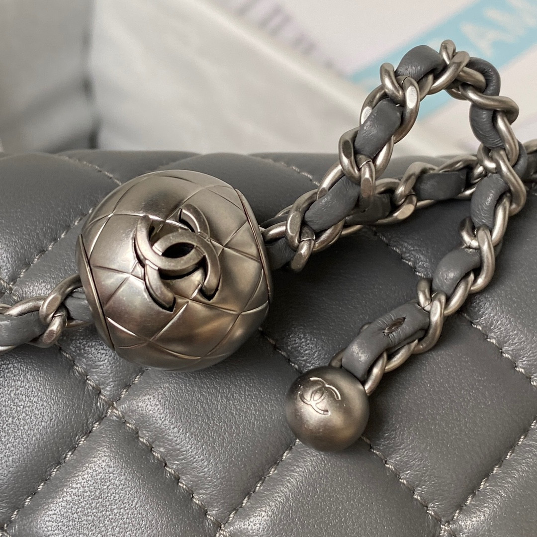 CHANEL MINI FLAP BAG SHINY CALFSKIN & SILVER-TONE METAL GRAY 4.7 × 7.8 × 2.3 in