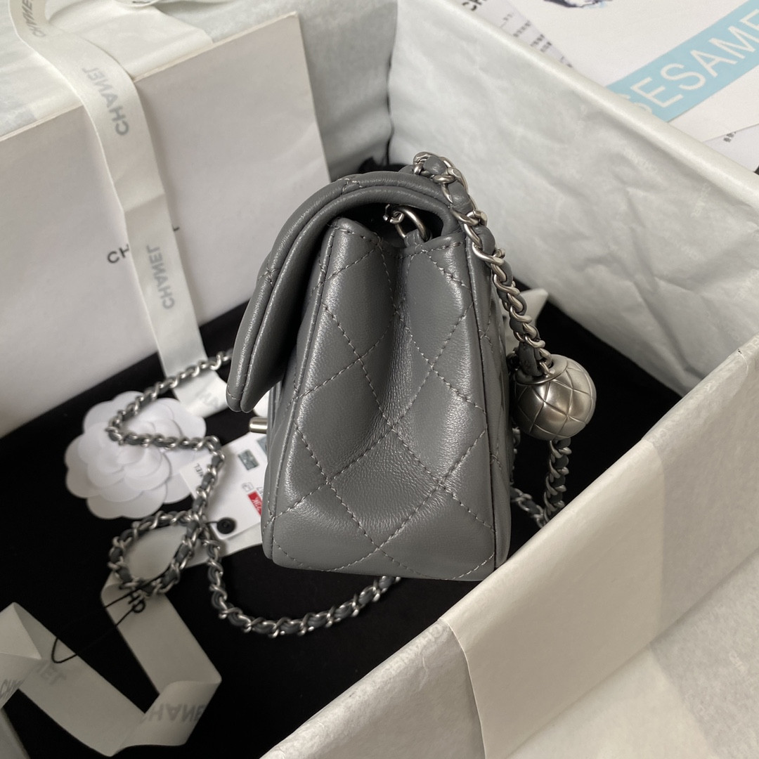 CHANEL MINI FLAP BAG SHINY CALFSKIN & SILVER-TONE METAL GRAY 4.7 × 7.8 × 2.3 in