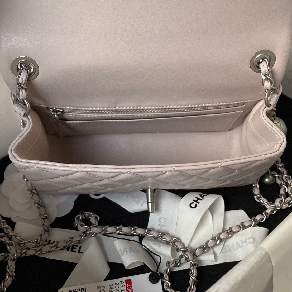 CHANEL MINI FLAP BAG SHINY CALFSKIN & SILVER-TONE METAL LIGHT PINK 4.7 × 7.8 × 2.3 in