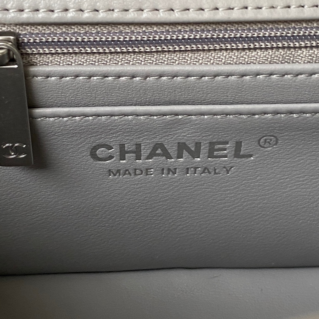 CHANEL MINI FLAP BAG SHINY CALFSKIN & SILVER-TONE METAL LIGHT GRAY 4.7 × 7.8 × 2.3 in