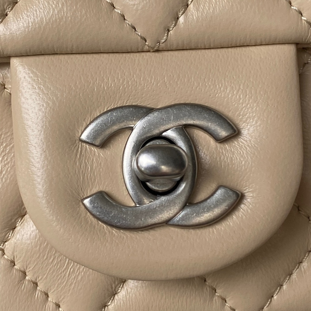 CHANEL MINI FLAP BAG SHINY CALFSKIN & SILVER-TONE METAL LIGHT beige 4.7 × 7.8 × 2.3 in