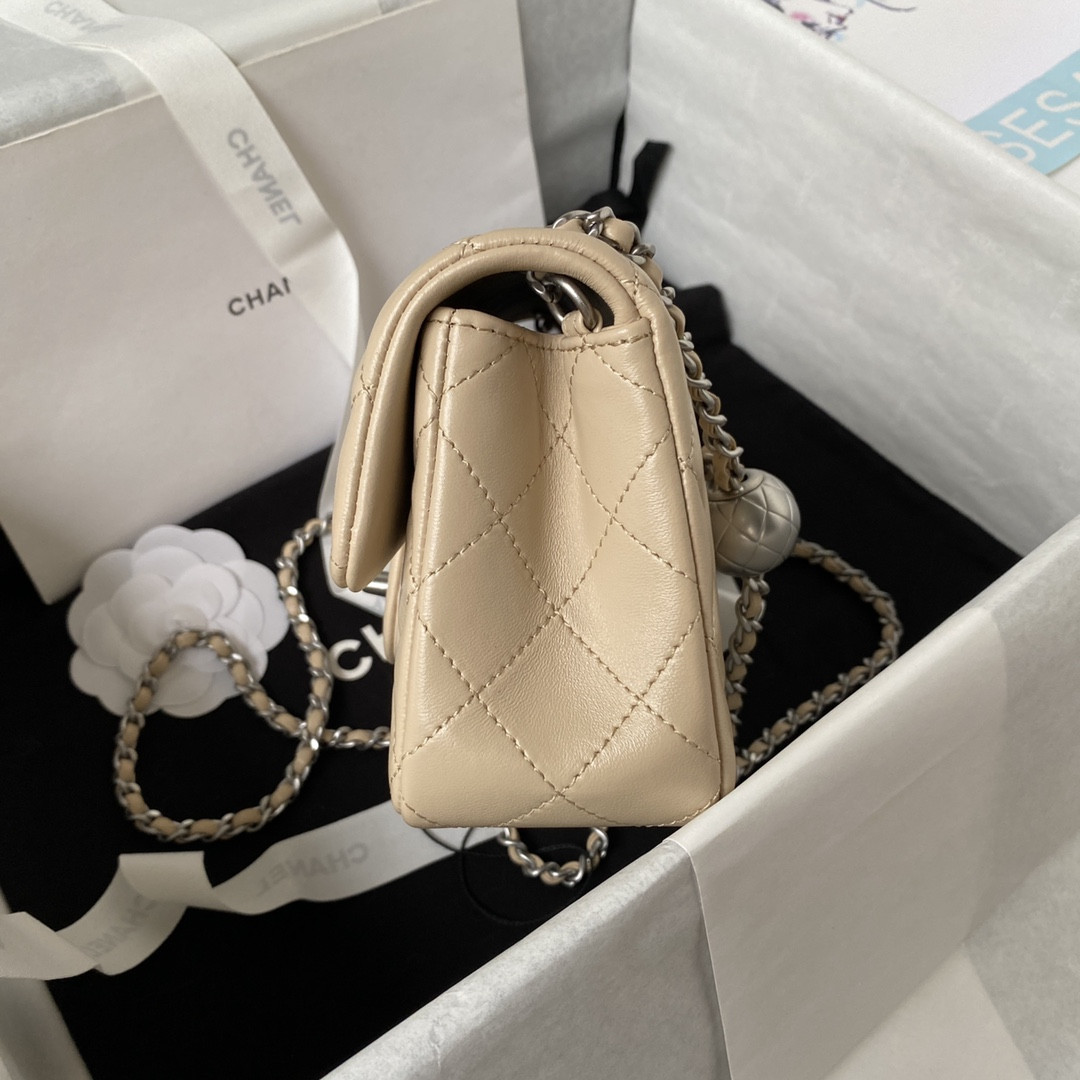 CHANEL MINI FLAP BAG SHINY CALFSKIN & SILVER-TONE METAL LIGHT beige 4.7 × 7.8 × 2.3 in