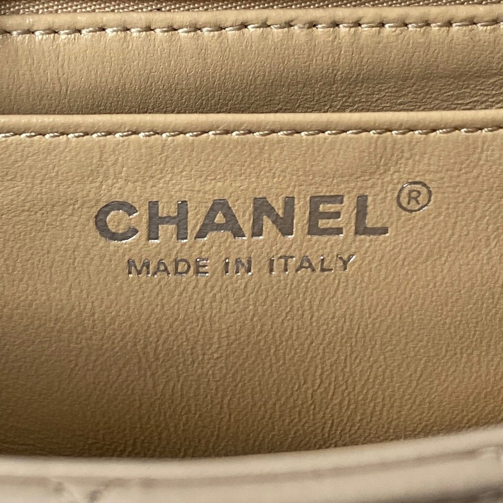 CHANEL MINI FLAP BAG SHINY CALFSKIN & SILVER-TONE METAL LIGHT beige 4.7 × 7.8 × 2.3 in