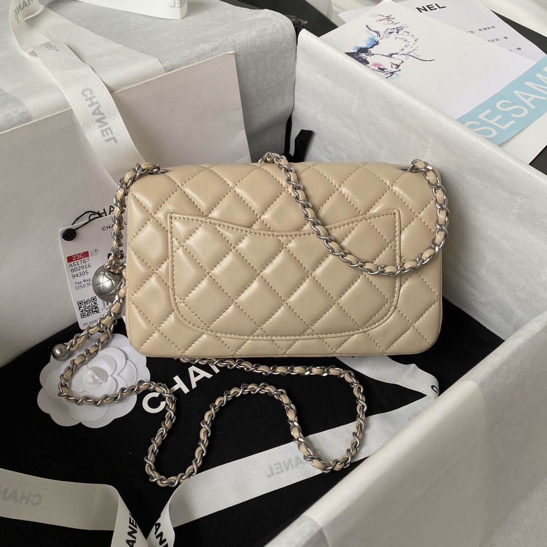 CHANEL MINI FLAP BAG SHINY CALFSKIN & SILVER-TONE METAL LIGHT beige 4.7 × 7.8 × 2.3 in