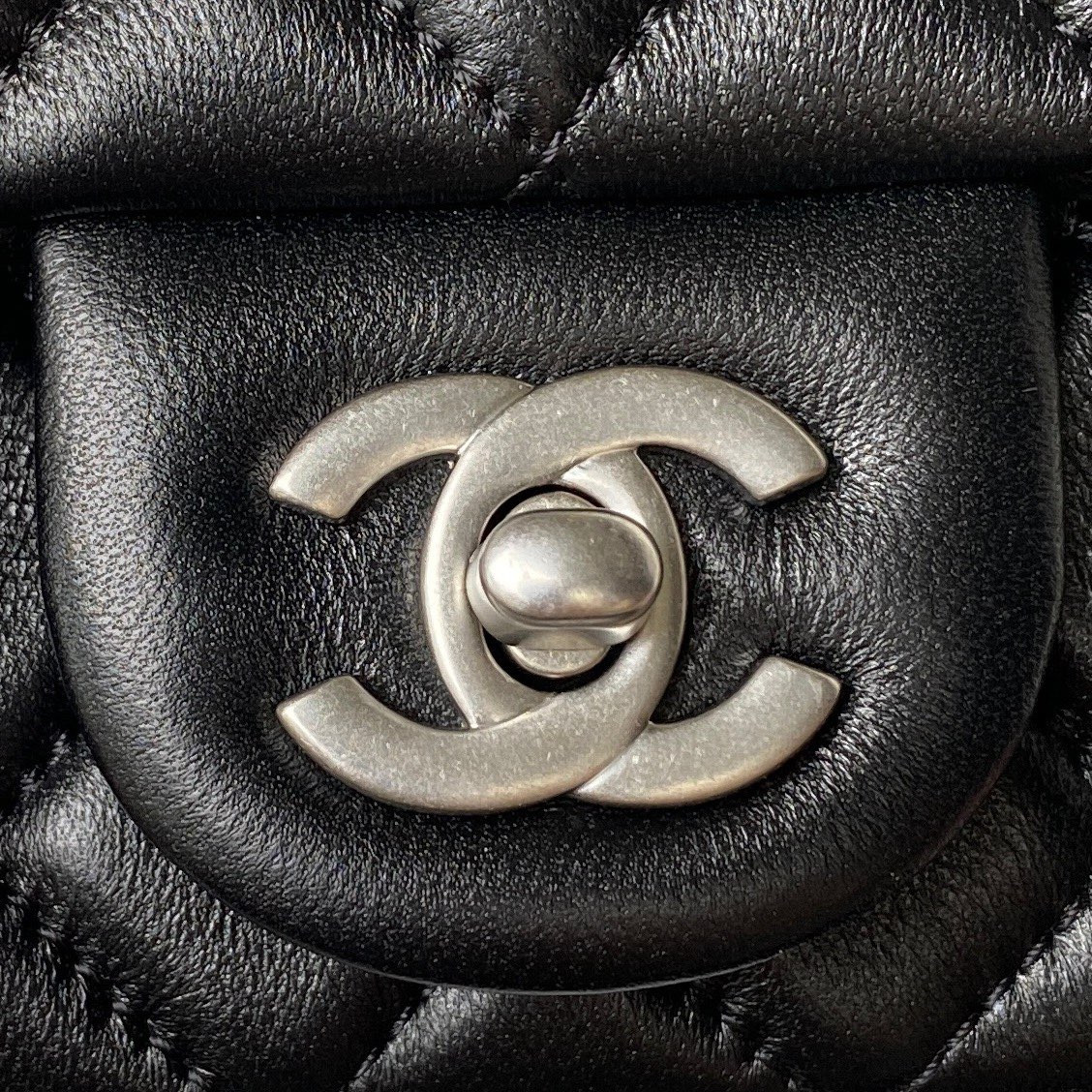 CHANEL MINI FLAP BAG SHINY CALFSKIN & SILVER-Tone METAL BLACK 5.3 × 6.6 × 3.1 in