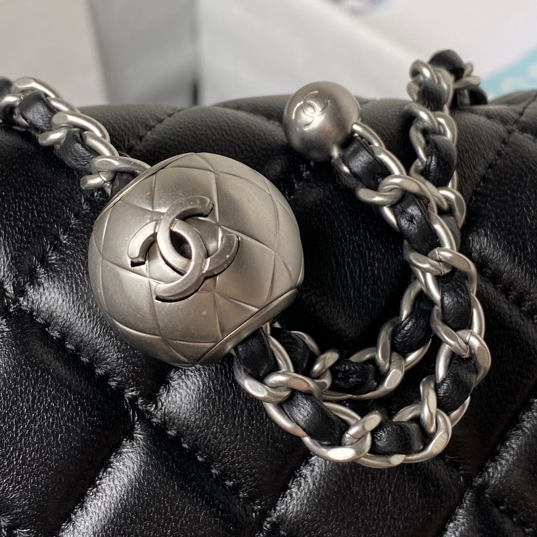 CHANEL MINI FLAP BAG SHINY CALFSKIN & SILVER-Tone METAL BLACK 5.3 × 6.6 × 3.1 in