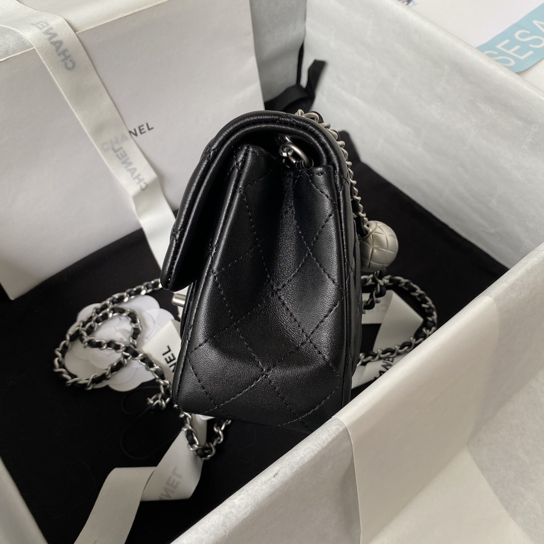 CHANEL MINI FLAP BAG SHINY CALFSKIN & SILVER-Tone METAL BLACK 5.3 × 6.6 × 3.1 in