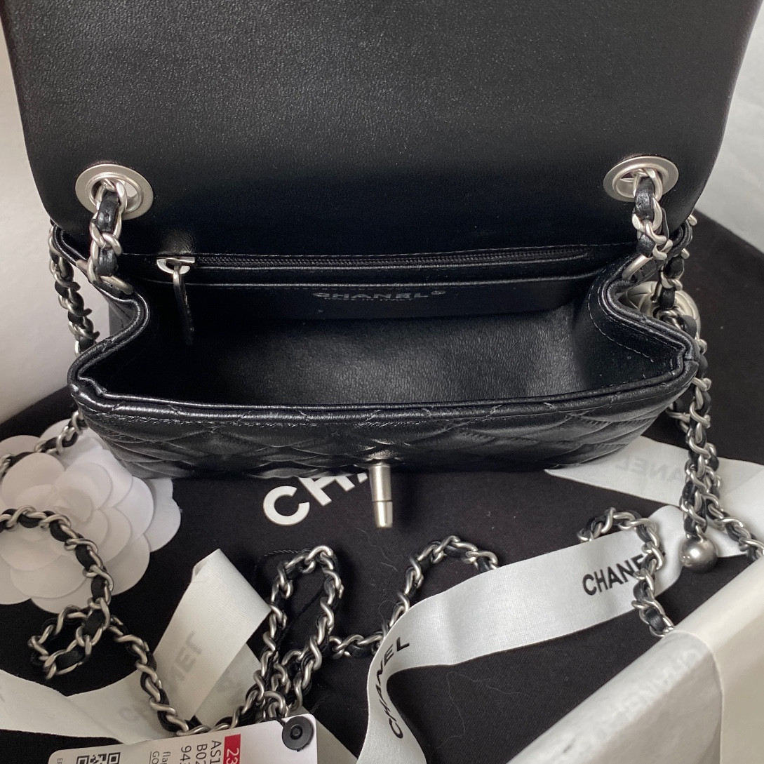 CHANEL MINI FLAP BAG SHINY CALFSKIN & SILVER-Tone METAL BLACK 5.3 × 6.6 × 3.1 in