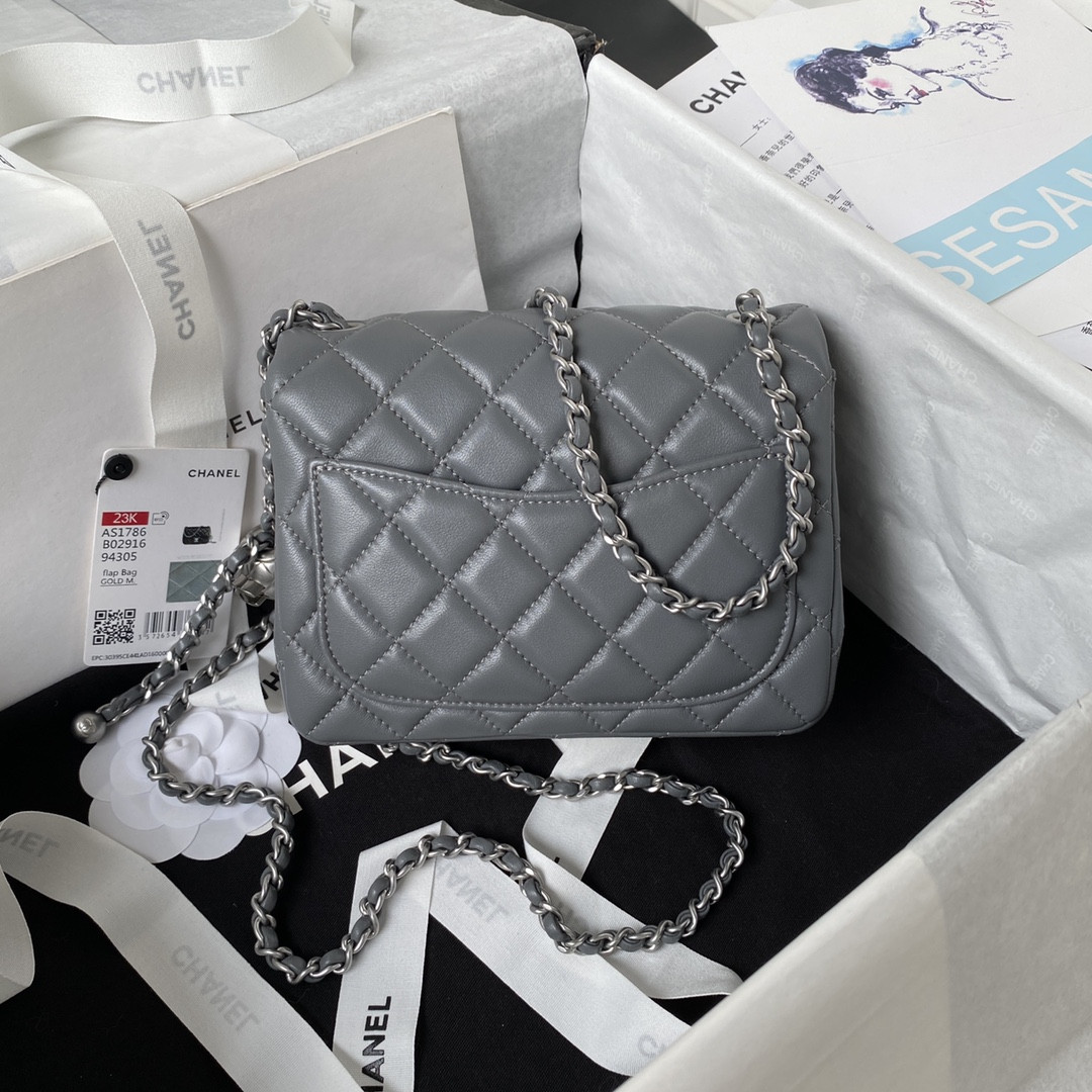 CHANEL MINI FLAP BAG SHINY CALFSKIN & SILVER-Tone METAL GRAY 5.3 × 6.6 × 3.1 in