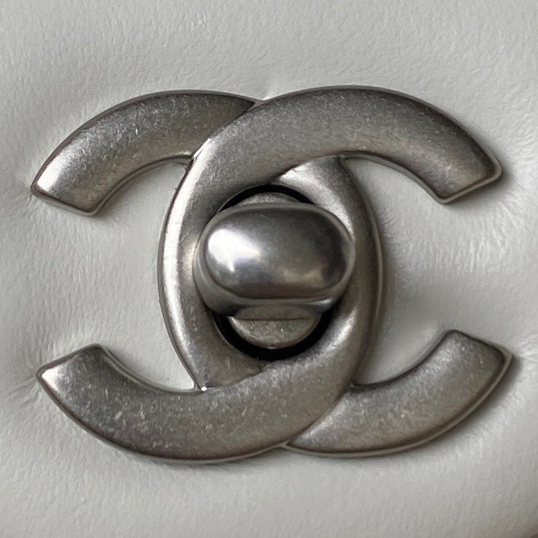 CHANEL MINI FLAP BAG SHINY CALFSKIN & SILVER-Tone METAL WHITE 5.3 × 6.6 × 3.1 in