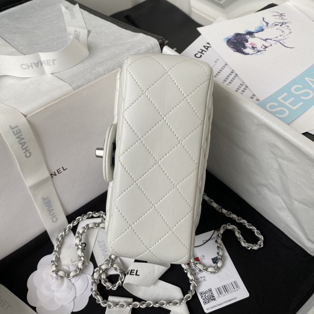 CHANEL MINI FLAP BAG SHINY CALFSKIN & SILVER-Tone METAL WHITE 5.3 × 6.6 × 3.1 in
