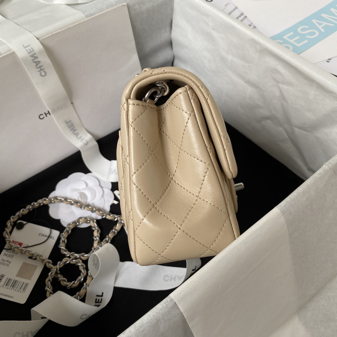 CHANEL MINI FLAP BAG SHINY CALFSKIN & SILVER-Tone METAL COFFEE 5.3 × 6.6 × 3.1 in