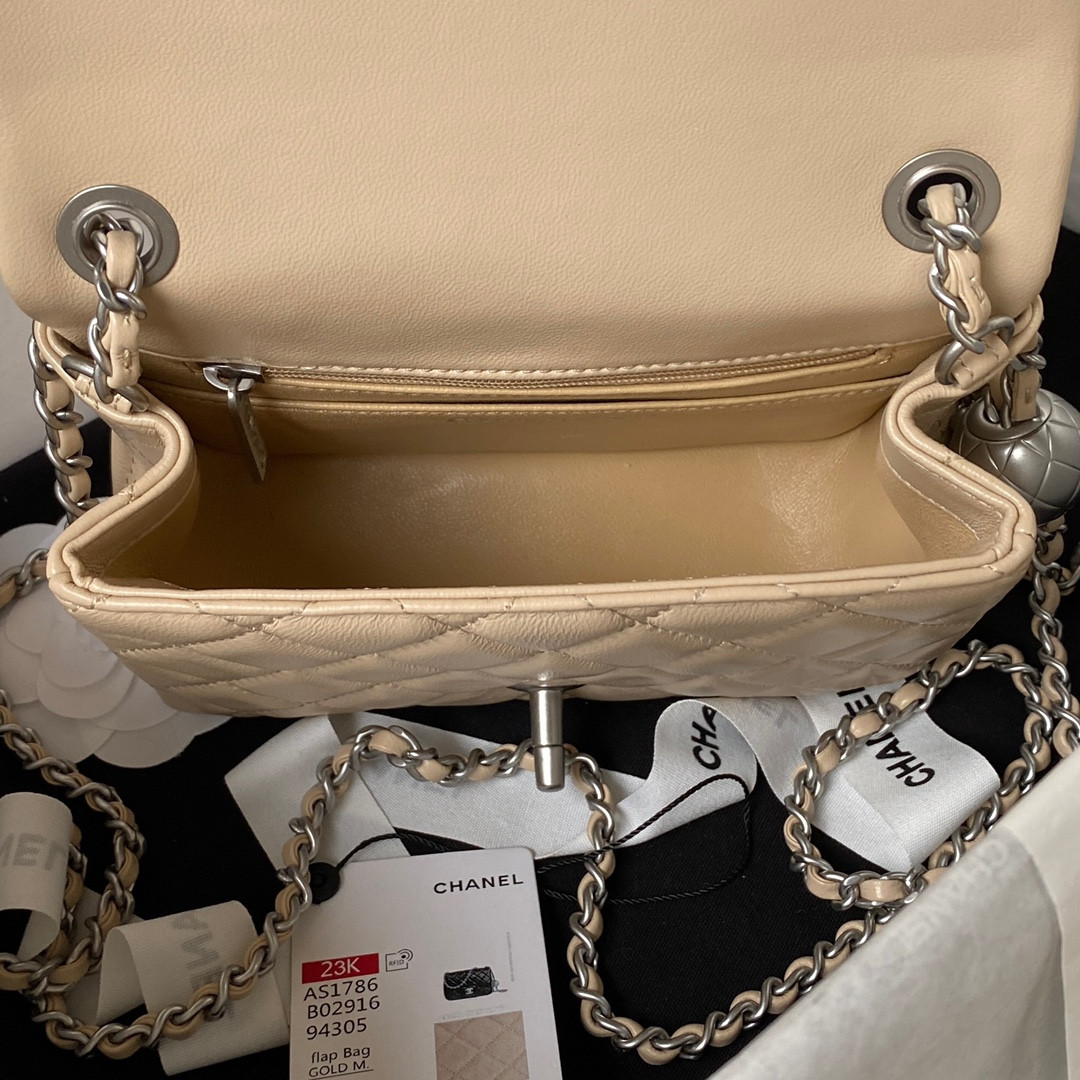 CHANEL MINI FLAP BAG SHINY CALFSKIN & SILVER-Tone METAL COFFEE 5.3 × 6.6 × 3.1 in