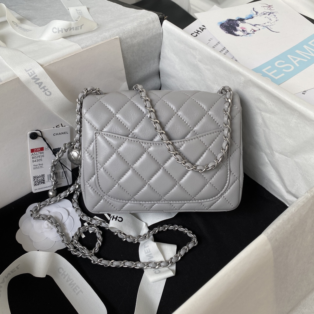 CHANEL MINI FLAP BAG SHINY CALFSKIN & SILVER-Tone METAL LIGHT GRAY 5.3 × 6.6 × 3.1 in