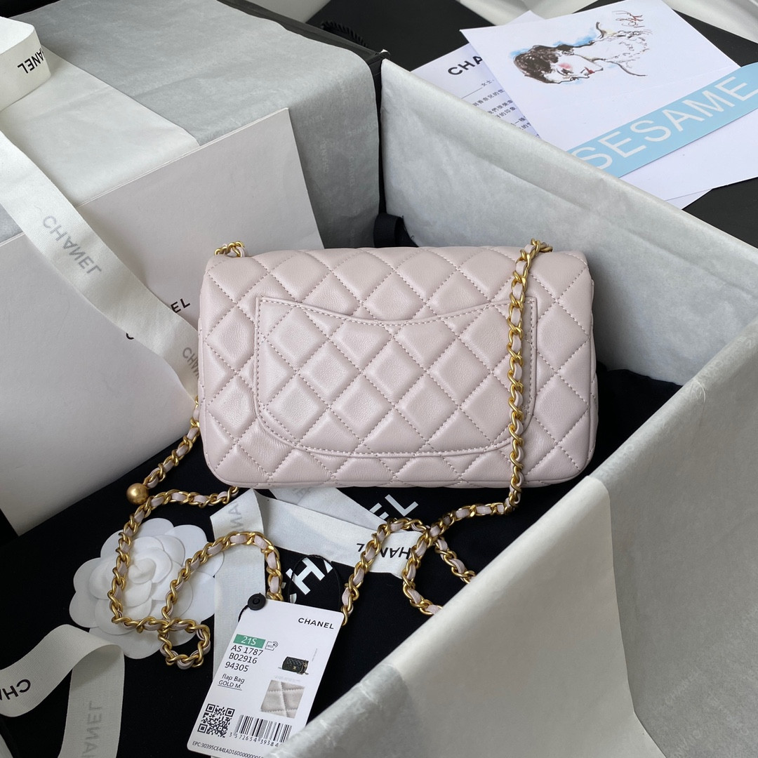CHANEL MINI FLAP BAG SHINY CALFSKIN & gold-TONE METAL LIGHT pink 4.7 × 7.8 × 2.3 in