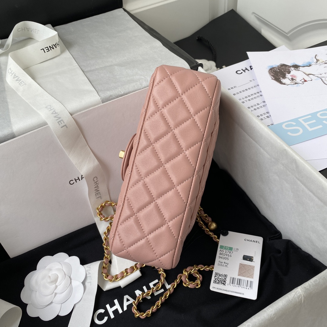 CHANEL MINI FLAP BAG SHINY CALFSKIN & gold-TONE METAL PINK 4.7 × 7.8 × 2.3 in