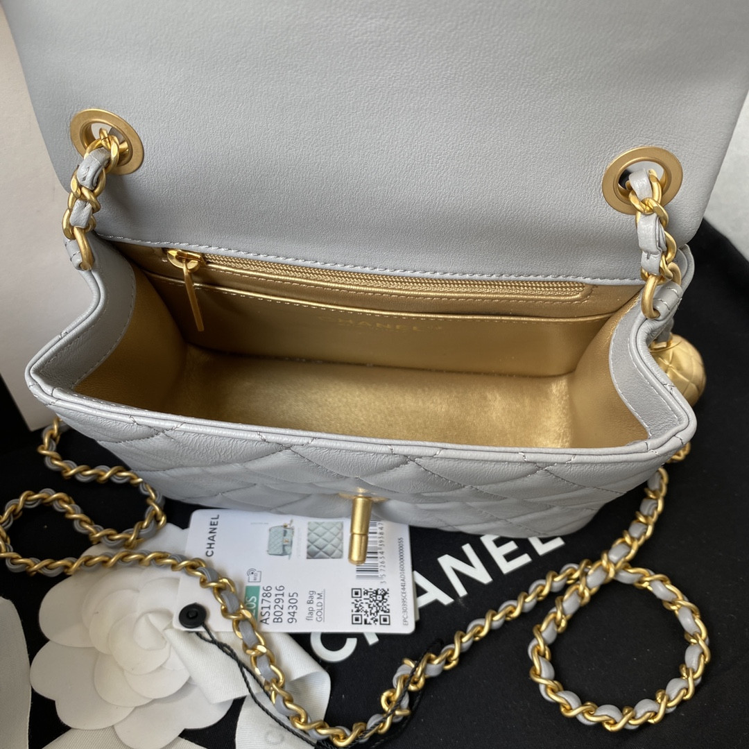CHANEL MINI FLAP BAG SHINY CALFSKIN & Gold-Tone METAL LIGHT BLUE 5.3 × 6.6 × 3.1 in