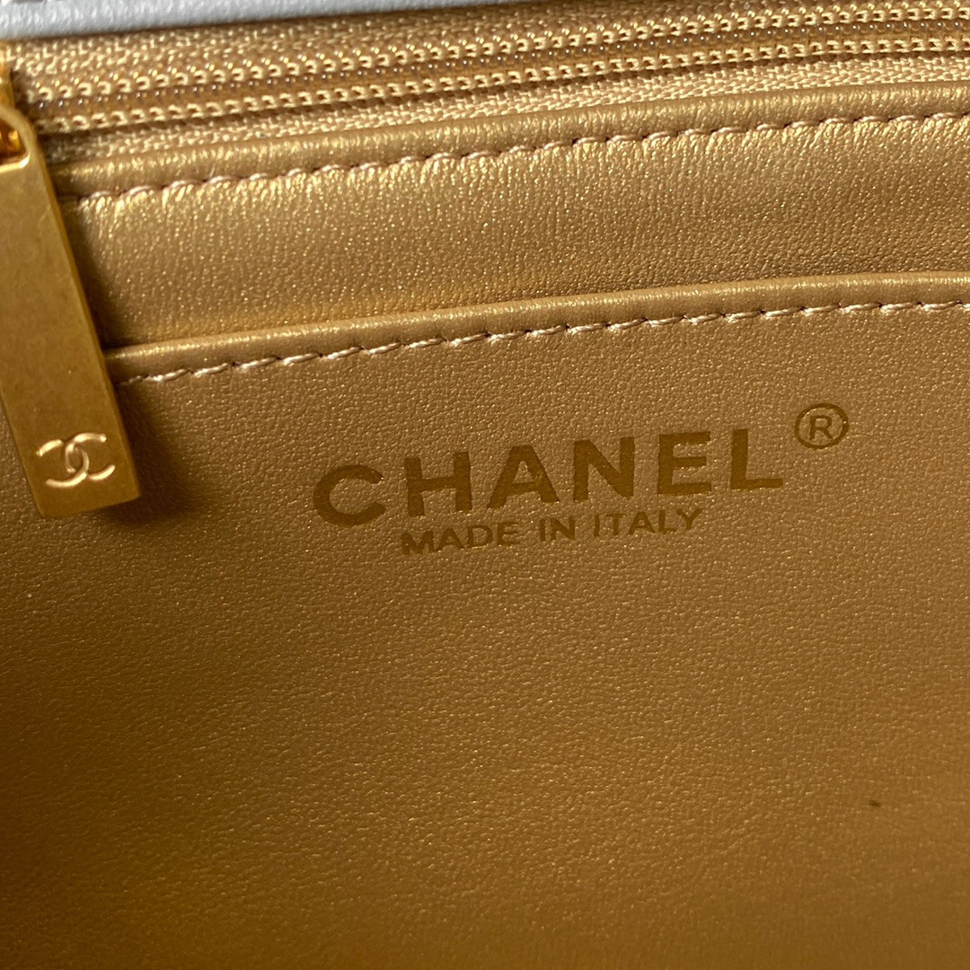 CHANEL MINI FLAP BAG SHINY CALFSKIN & Gold-Tone METAL LIGHT BLUE 5.3 × 6.6 × 3.1 in