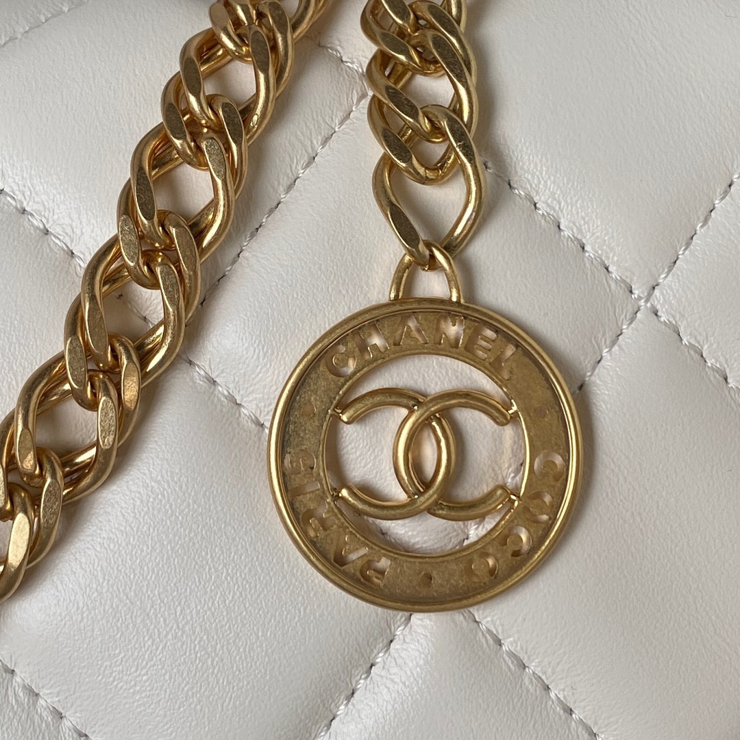 CHANEL SMALL CLASSIC HANDBAG GRAINED SHINY CALFSKIN & Gold-TONE METAL white 5.7 × 9 × 2.3 IN