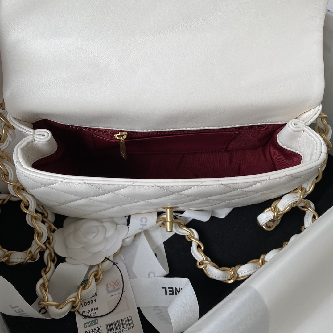 CHANEL SMALL CLASSIC HANDBAG GRAINED SHINY CALFSKIN & Gold-TONE METAL white 5.7 × 9 × 2.3 IN