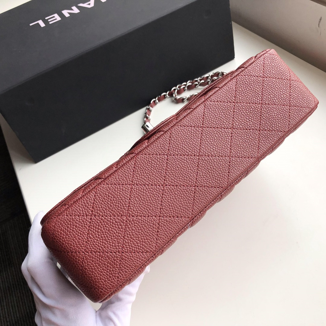 CHANEL CLASSIC HANDBAG GRAINED CALFSKIN & SILVER-TONE METAL red 6 × 9.9 × 2.5 in