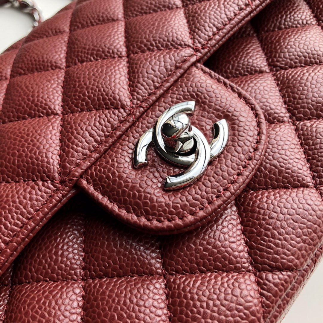 CHANEL CLASSIC HANDBAG GRAINED CALFSKIN & SILVER-TONE METAL red 6 × 9.9 × 2.5 in