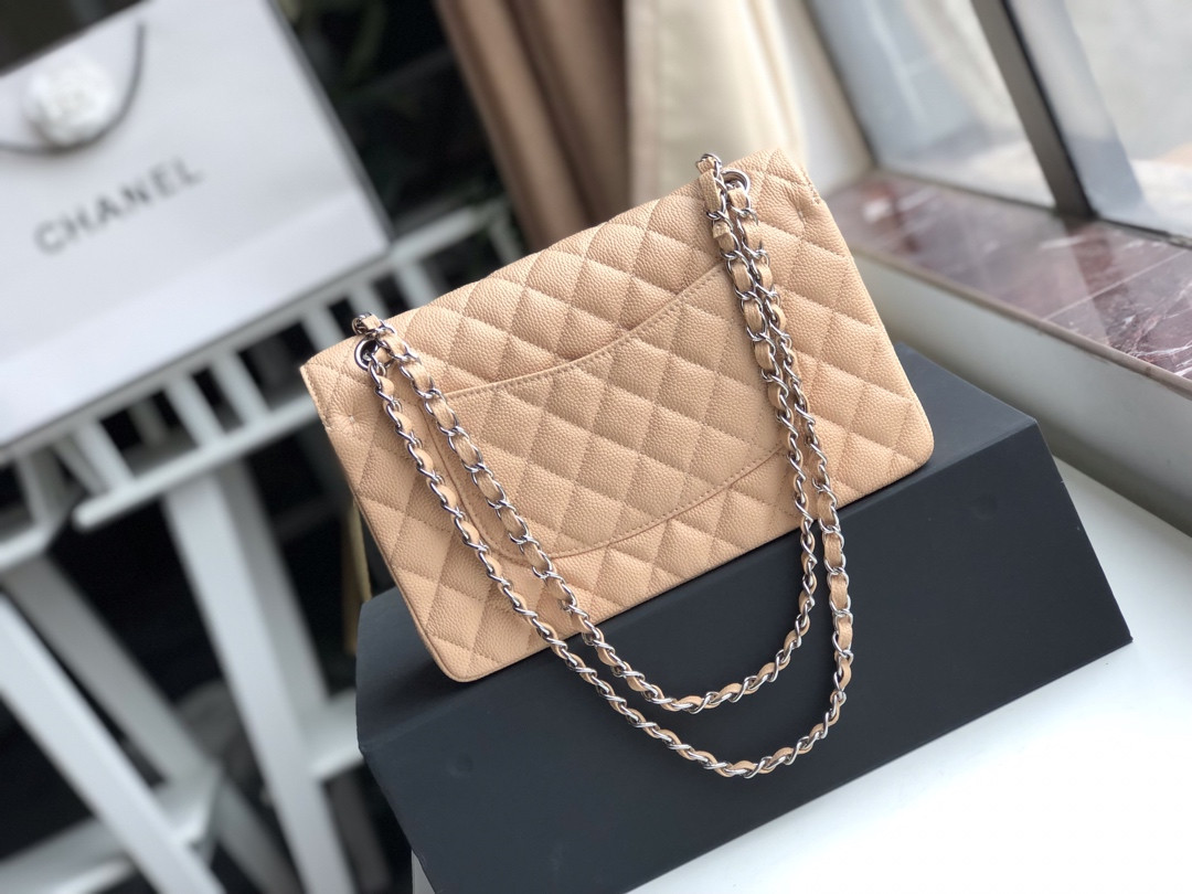 CHANEL CLASSIC HANDBAG GRAINED CALFSKIN & SILVER-TONE METAL COFFEE 6 × 9.9 × 2.5 in