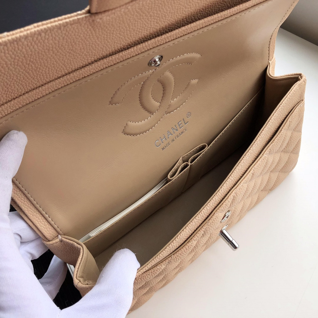 CHANEL CLASSIC HANDBAG GRAINED CALFSKIN & SILVER-TONE METAL COFFEE 6 × 9.9 × 2.5 in