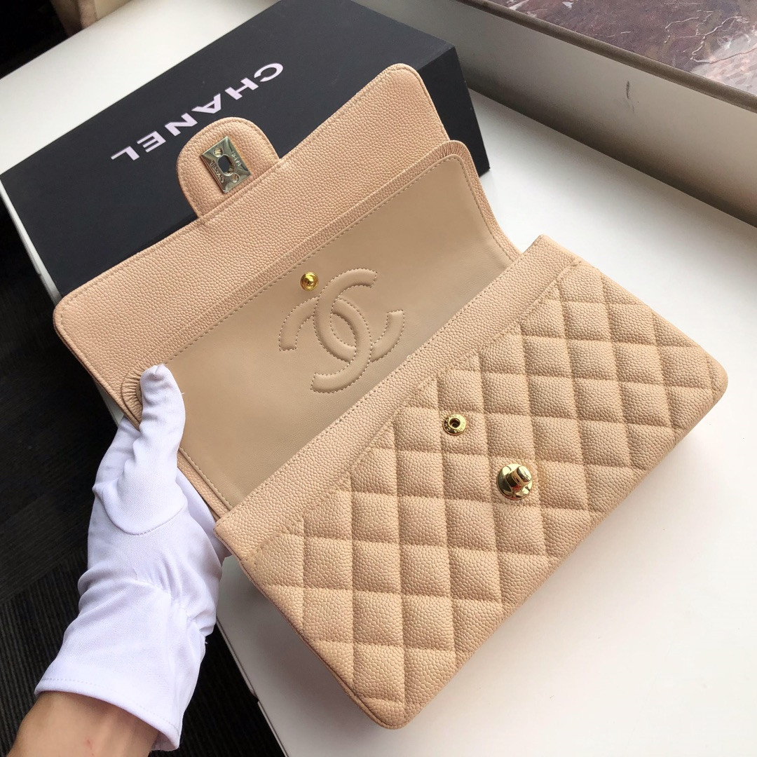 CHANEL CLASSIC HANDBAG GRAINED CALFSKIN & Gold-TONE METAL COFFEE 6 × 9.9 × 2.5 in