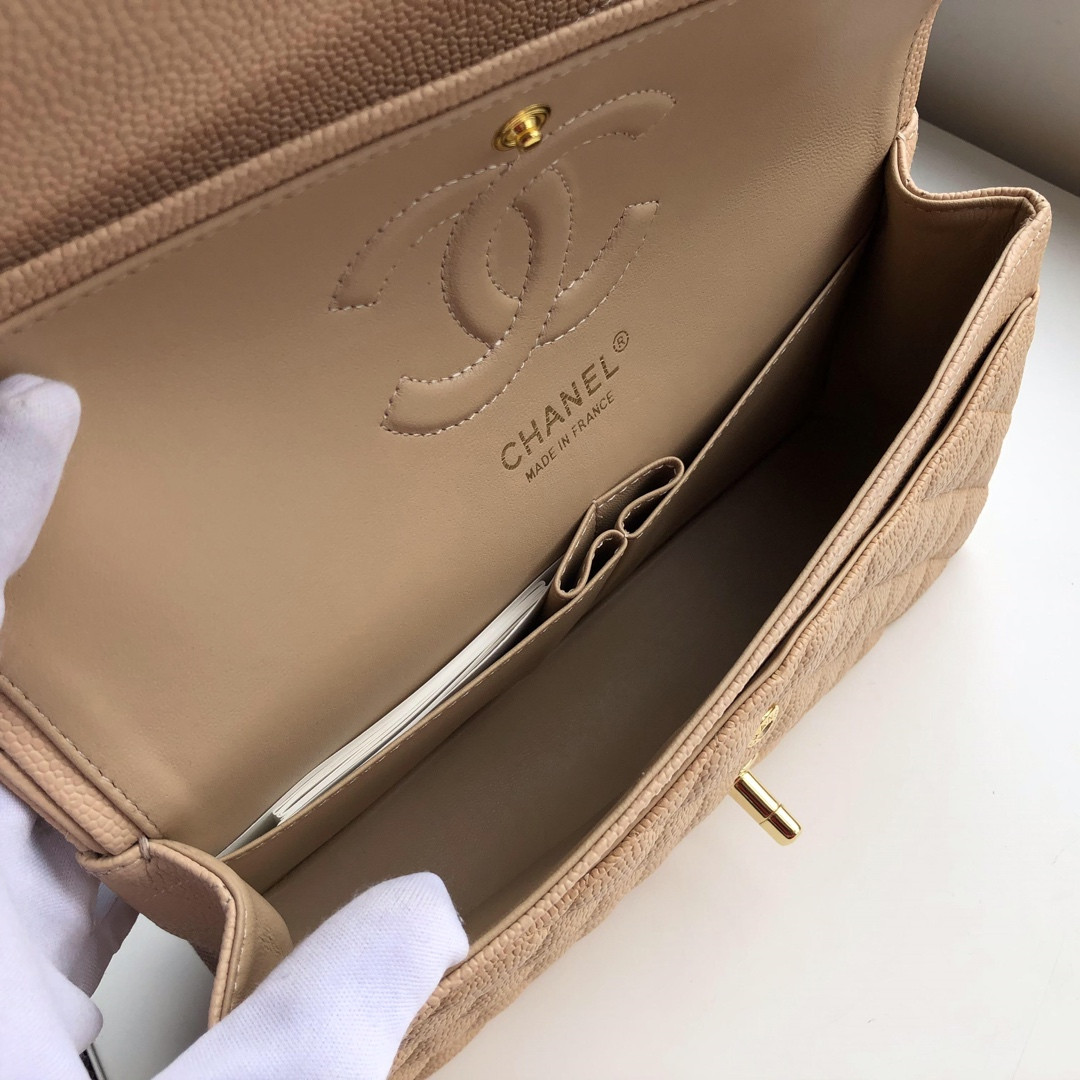 CHANEL CLASSIC HANDBAG GRAINED CALFSKIN & Gold-TONE METAL COFFEE 6 × 9.9 × 2.5 in