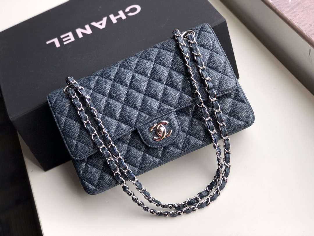 CHANEL CLASSIC HANDBAG GRAINED CALFSKIN & SILVER-TONE METAL NAVY 6 × 9.9 × 2.5 in