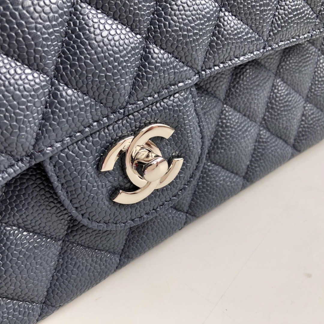 CHANEL CLASSIC HANDBAG GRAINED CALFSKIN & SILVER-TONE METAL NAVY 6 × 9.9 × 2.5 in