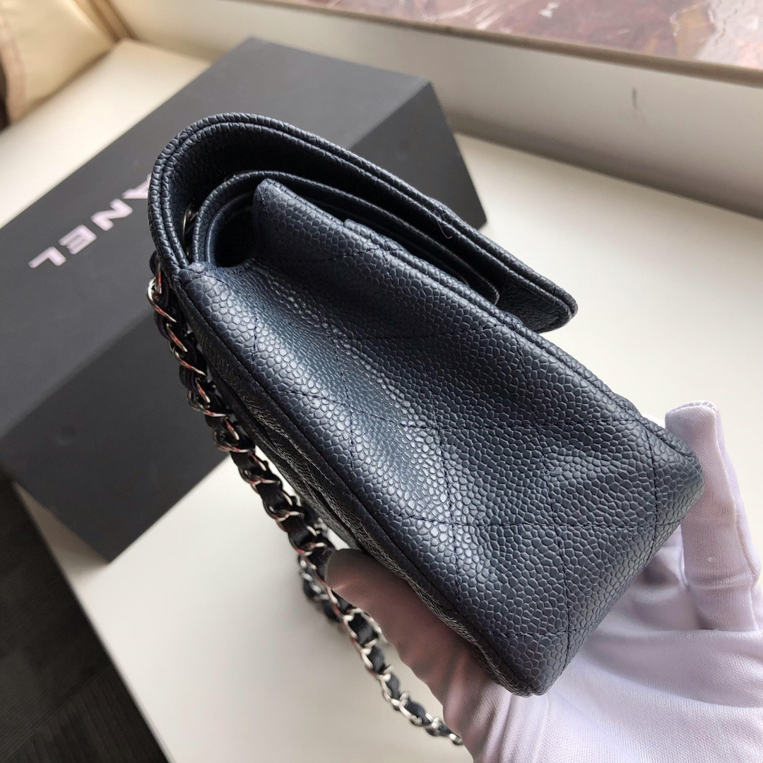 CHANEL CLASSIC HANDBAG GRAINED CALFSKIN & SILVER-TONE METAL NAVY 6 × 9.9 × 2.5 in