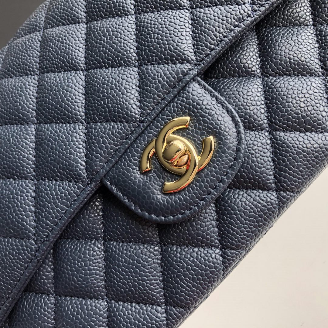 CHANEL CLASSIC HANDBAG GRAINED CALFSKIN & GOLD-TONE METAL NAVY 6 × 9.9 × 2.5 in