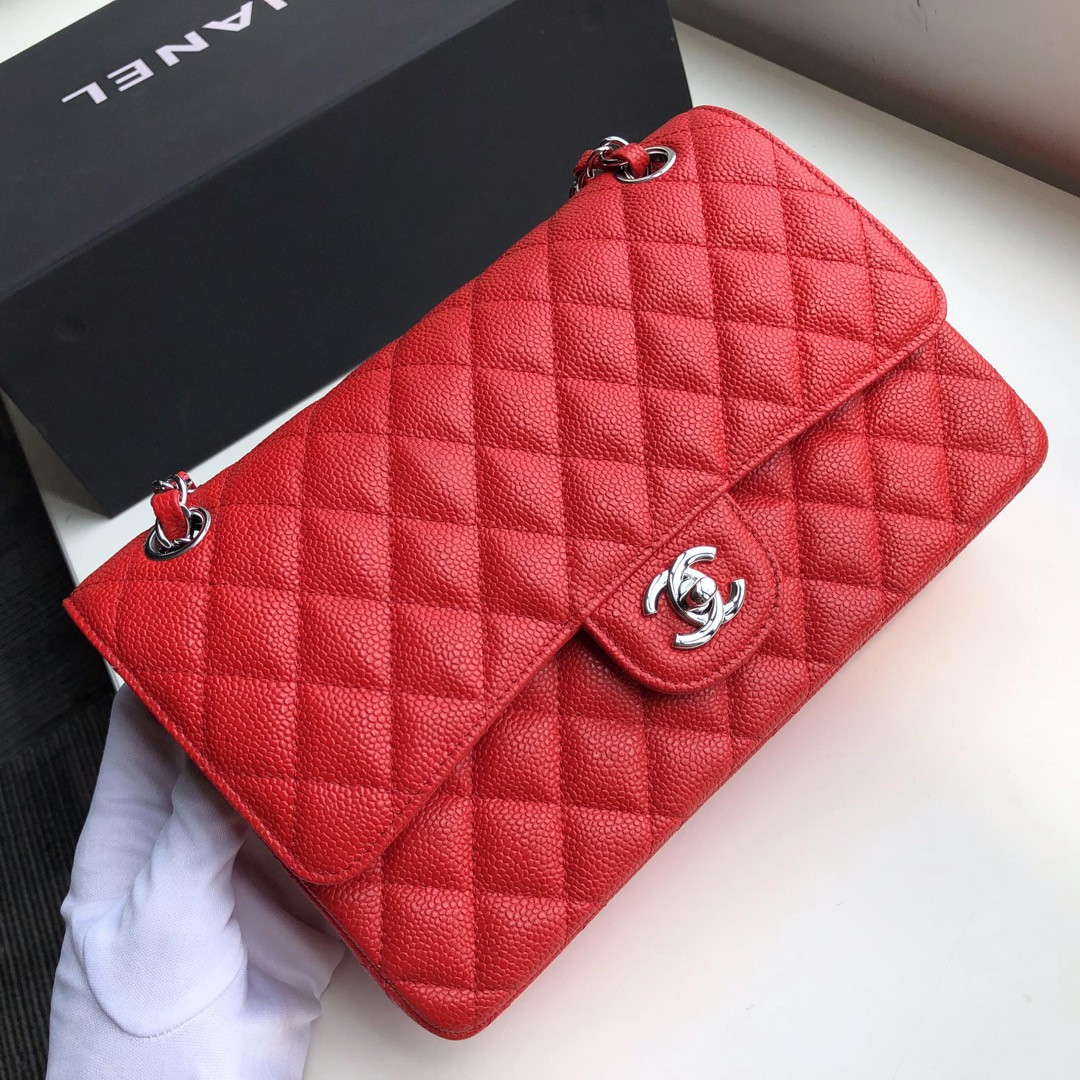CHANEL CLASSIC HANDBAG GRAINED CALFSKIN & SILVER-TONE METAL SHINY red 6 × 9.9 × 2.5 in