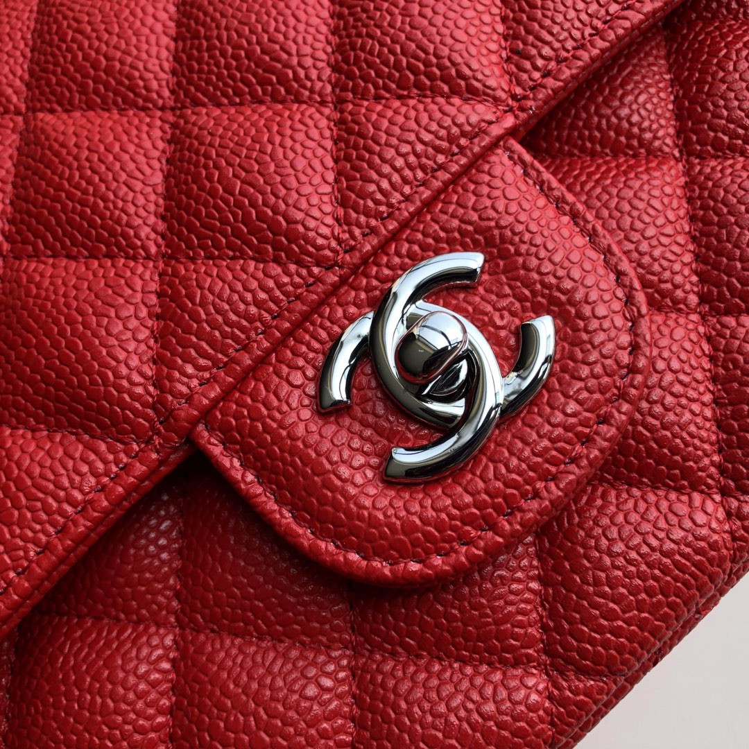 CHANEL CLASSIC HANDBAG GRAINED CALFSKIN & SILVER-TONE METAL SHINY red 6 × 9.9 × 2.5 in