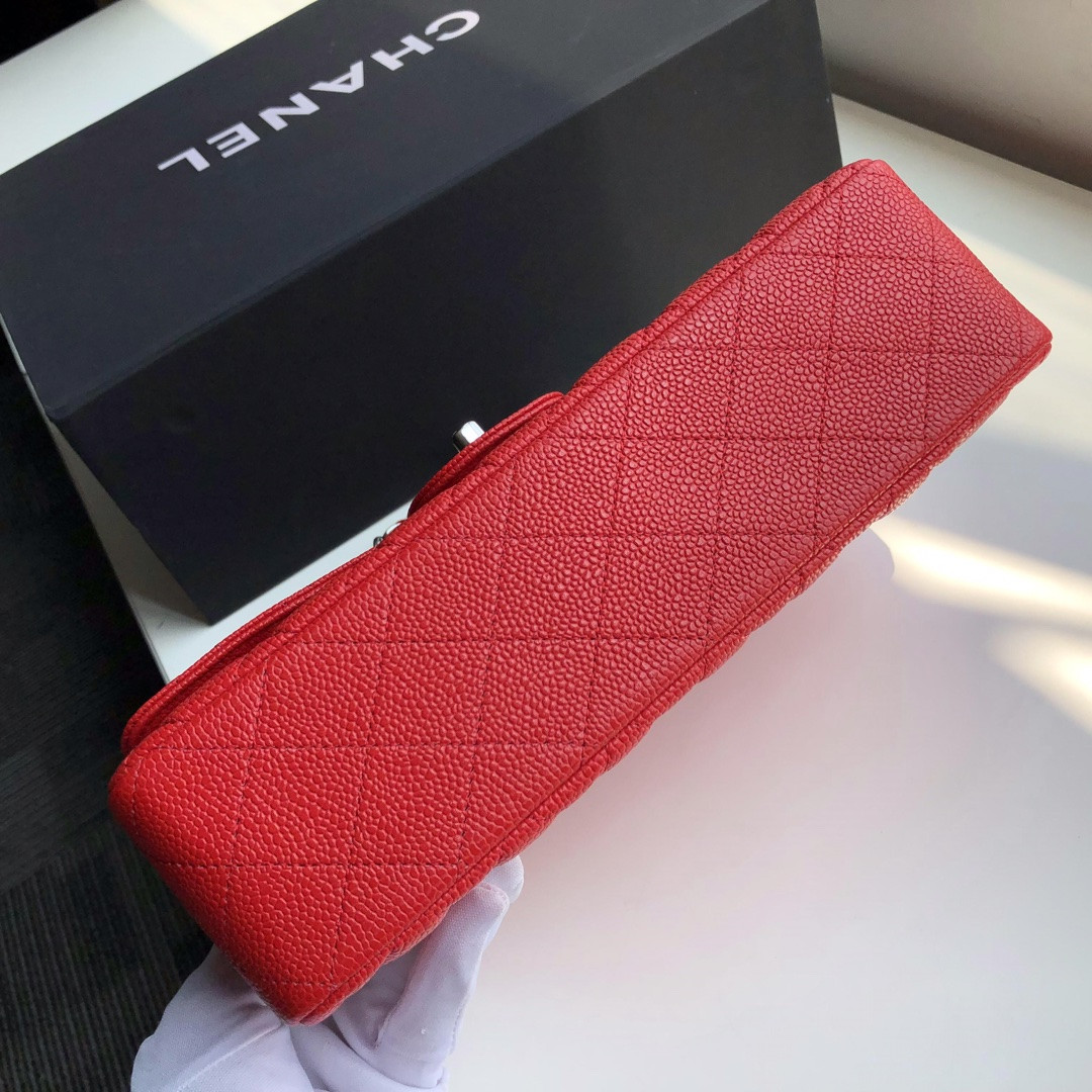 CHANEL CLASSIC HANDBAG GRAINED CALFSKIN & SILVER-TONE METAL SHINY red 6 × 9.9 × 2.5 in