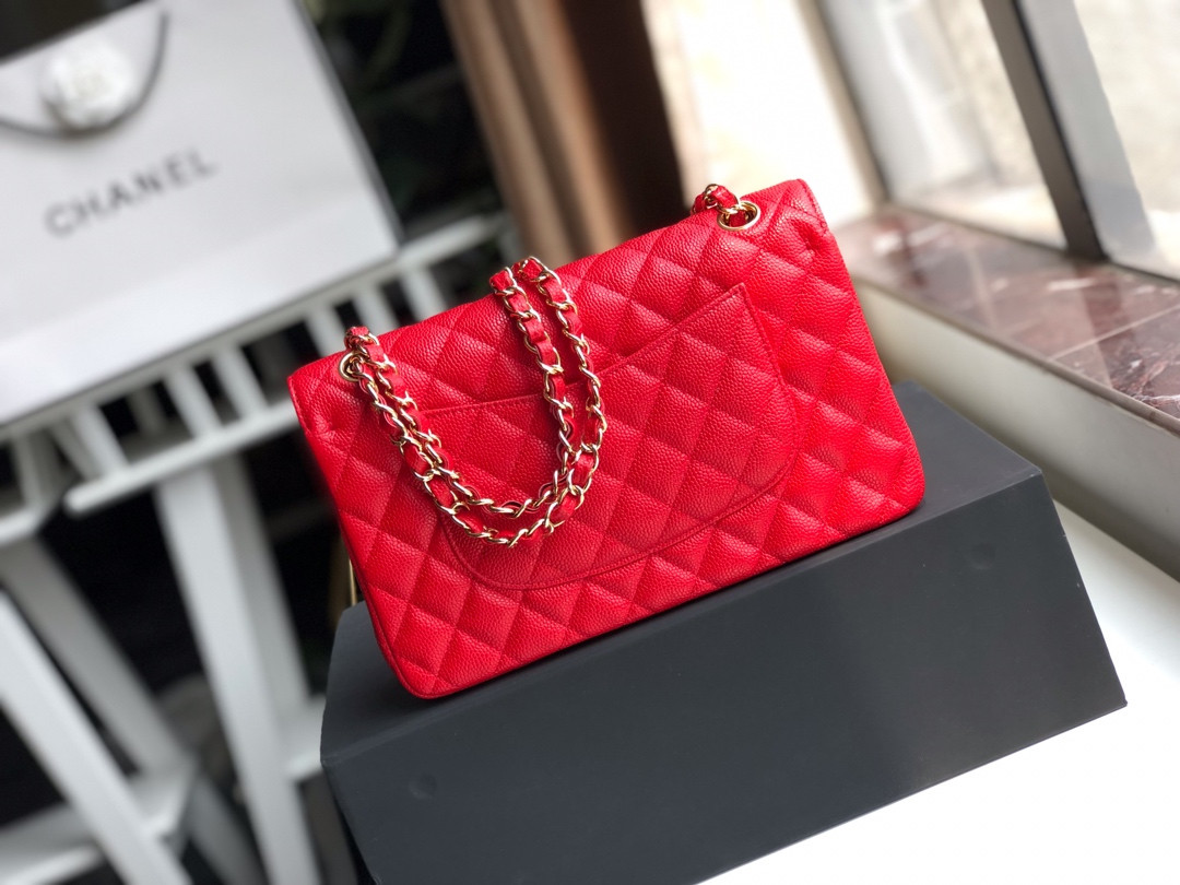 CHANEL CLASSIC HANDBAG GRAINED CALFSKIN & gold-TONE METAL SHINY red 6 × 9.9 × 2.5 in