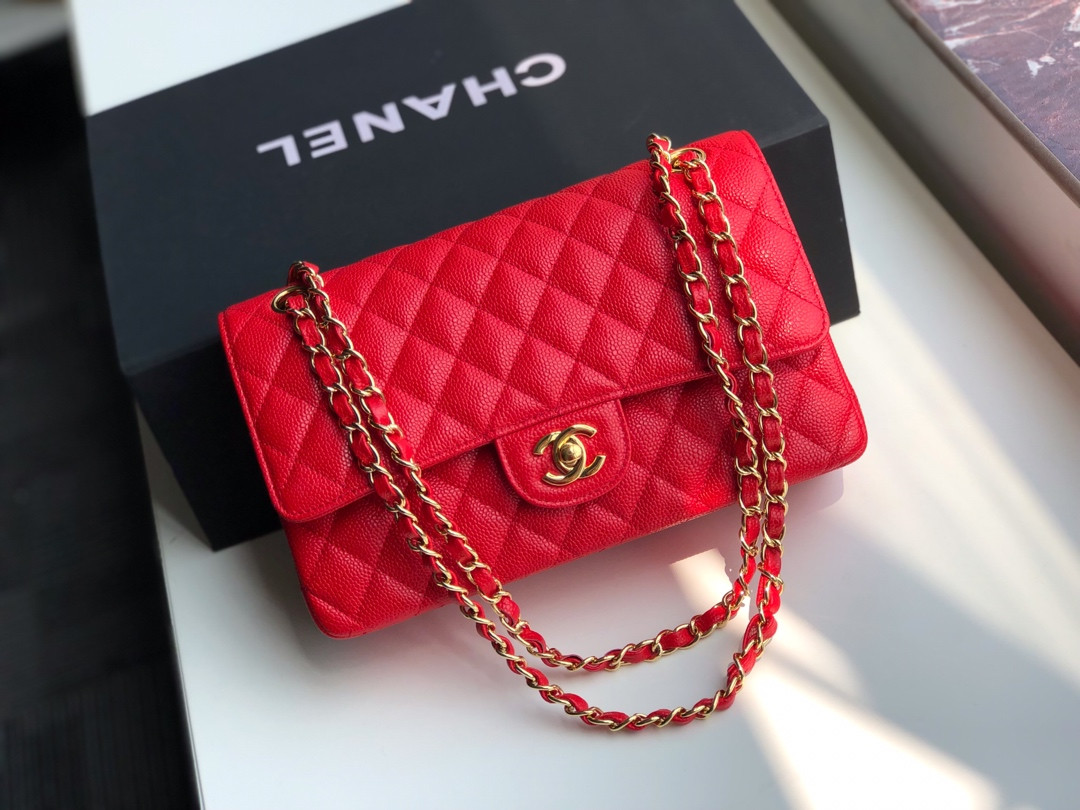 CHANEL CLASSIC HANDBAG GRAINED CALFSKIN & gold-TONE METAL SHINY red 6 × 9.9 × 2.5 in