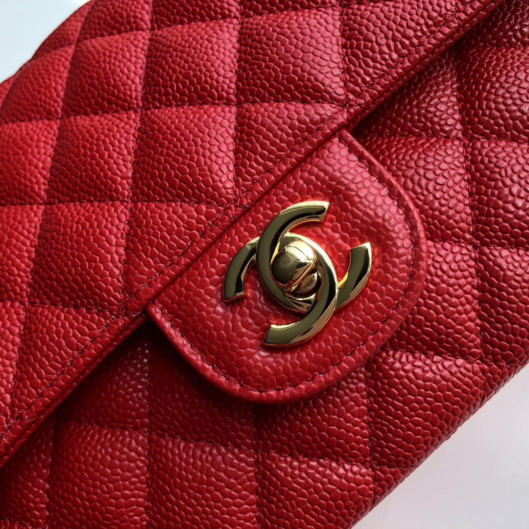 CHANEL CLASSIC HANDBAG GRAINED CALFSKIN & gold-TONE METAL SHINY red 6 × 9.9 × 2.5 in
