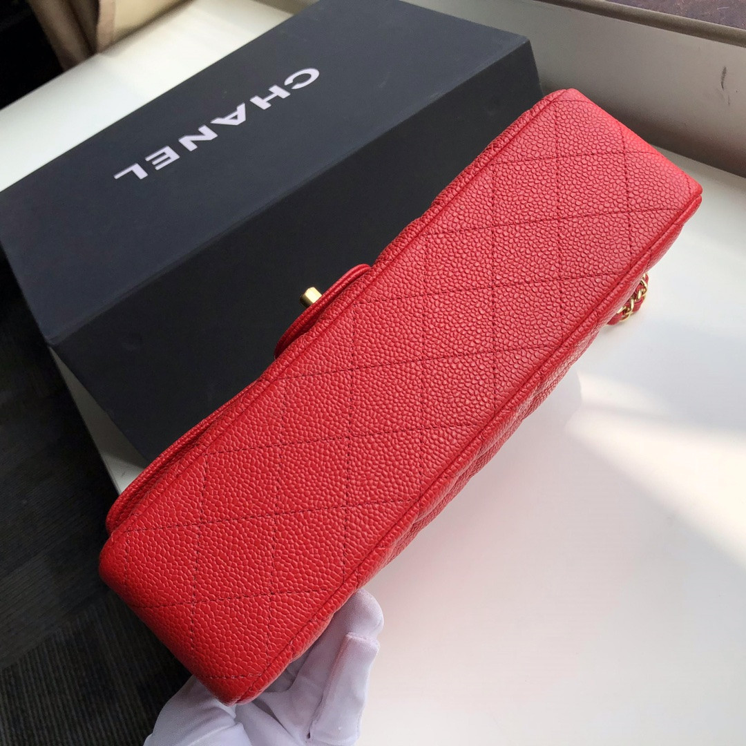 CHANEL CLASSIC HANDBAG GRAINED CALFSKIN & gold-TONE METAL SHINY red 6 × 9.9 × 2.5 in