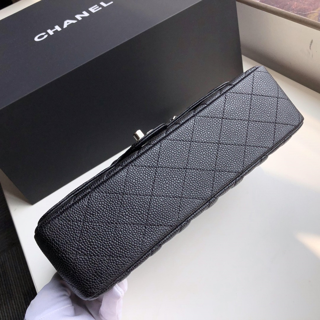 CHANEL CLASSIC HANDBAG GRAINED CALFSKIN & SILVER-TONE METAL black 6 × 9.9 × 2.5 in