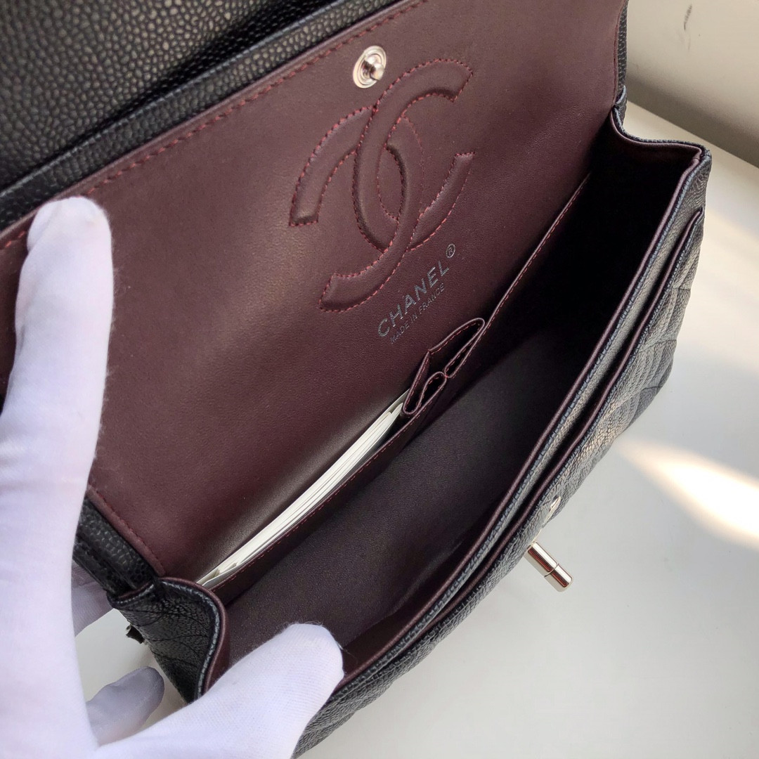 CHANEL CLASSIC HANDBAG GRAINED CALFSKIN & SILVER-TONE METAL black 6 × 9.9 × 2.5 in