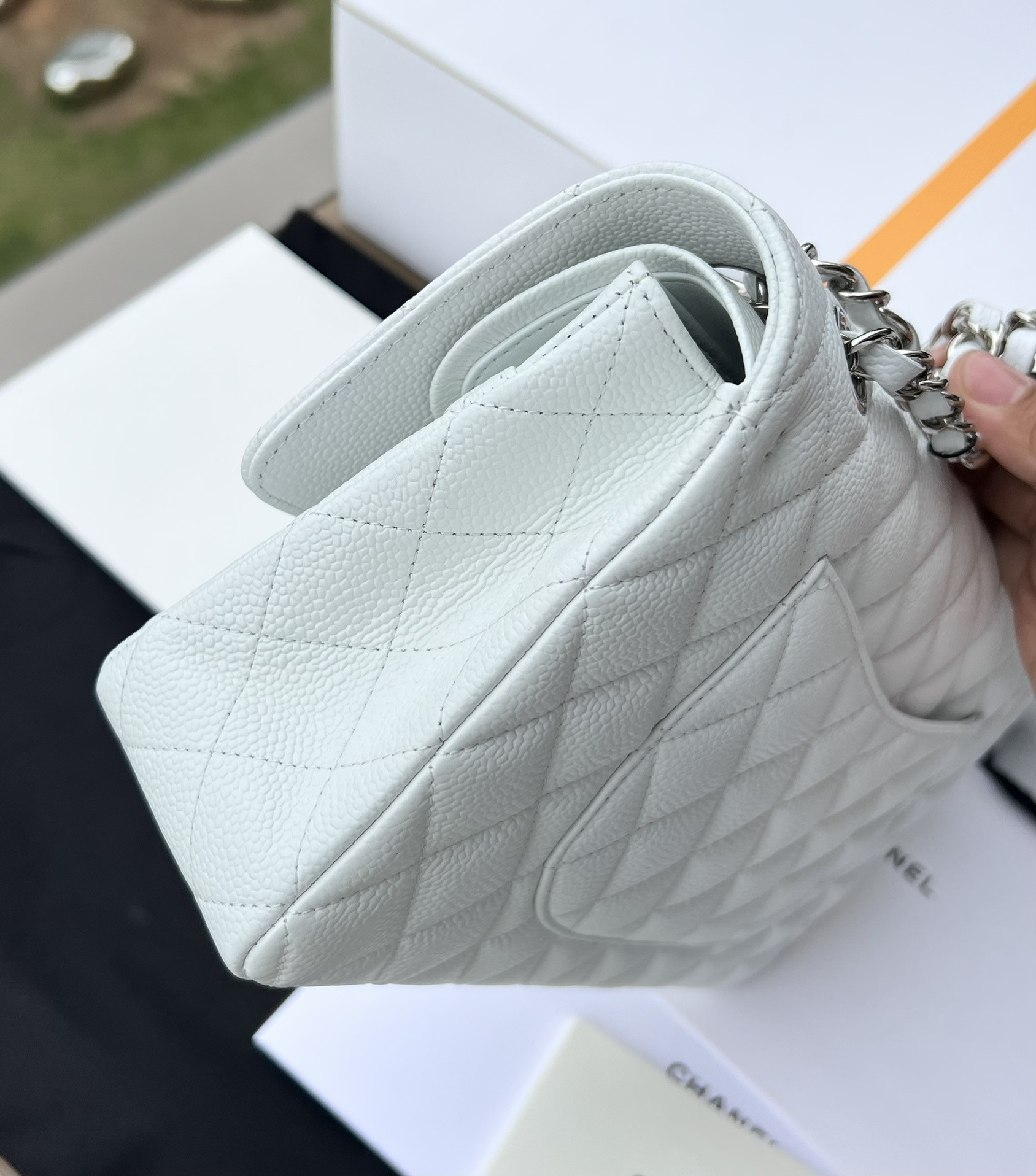 CHANEL CLASSIC HANDBAG GRAINED CALFSKIN & SILVER-TONE METAL WHITE 6 × 9.9 × 2.5 in